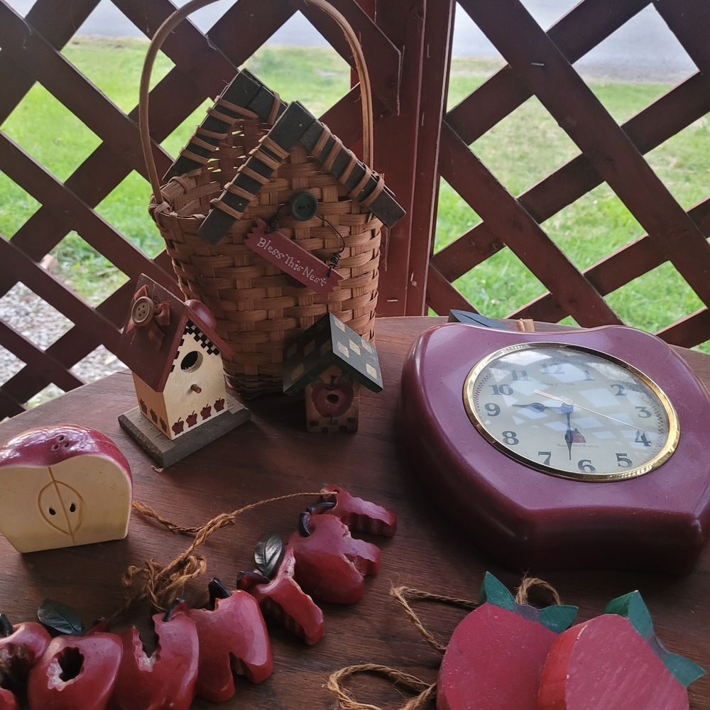 Handcrafted Red Decorative Wall Clock and Rustic Apple Accents - Unbranded